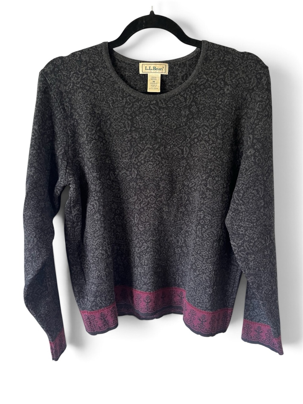Vintage L.L. Bean Charcoal Crewneck Sweater Maroon Scalloped Hem Trim 100% Wool